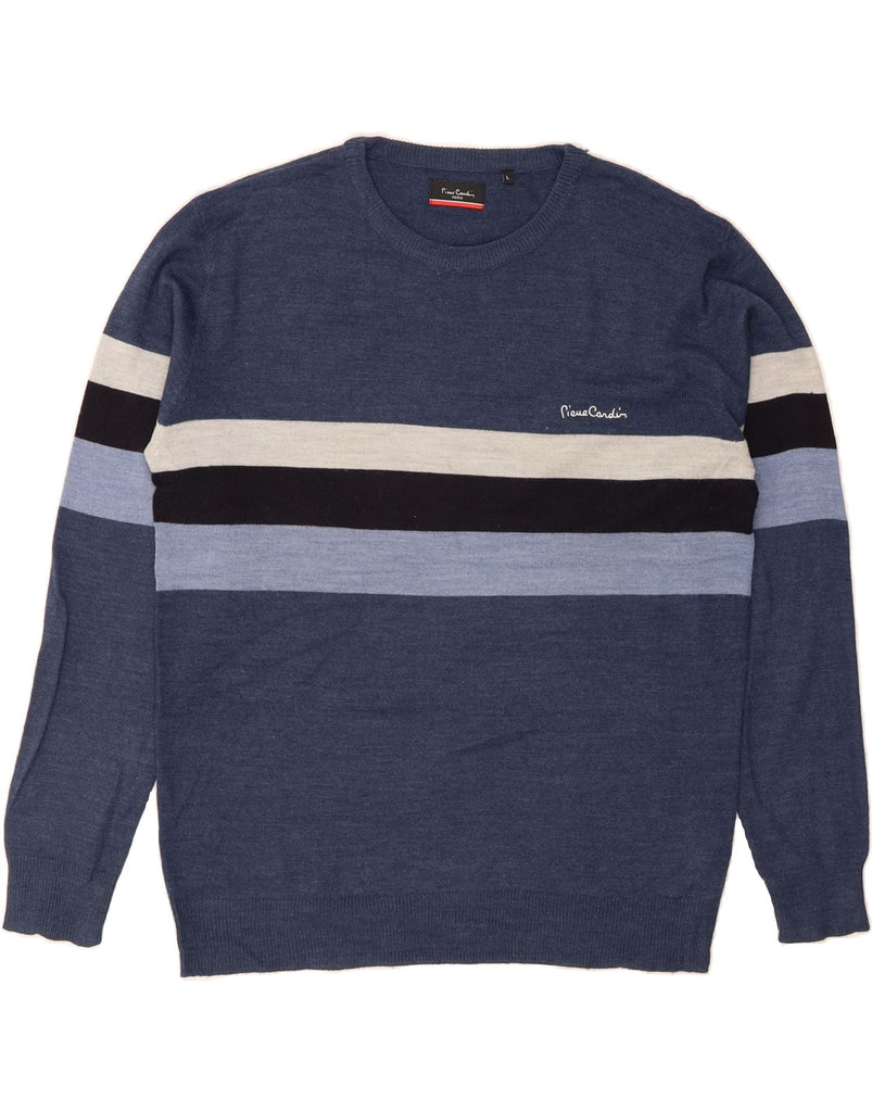 PIERRE CARDIN Mens Crew Neck Jumper Sweater Large Navy Blue Striped Vintage Pierre Cardin and Second-Hand Pierre Cardin from Messina Hembry 