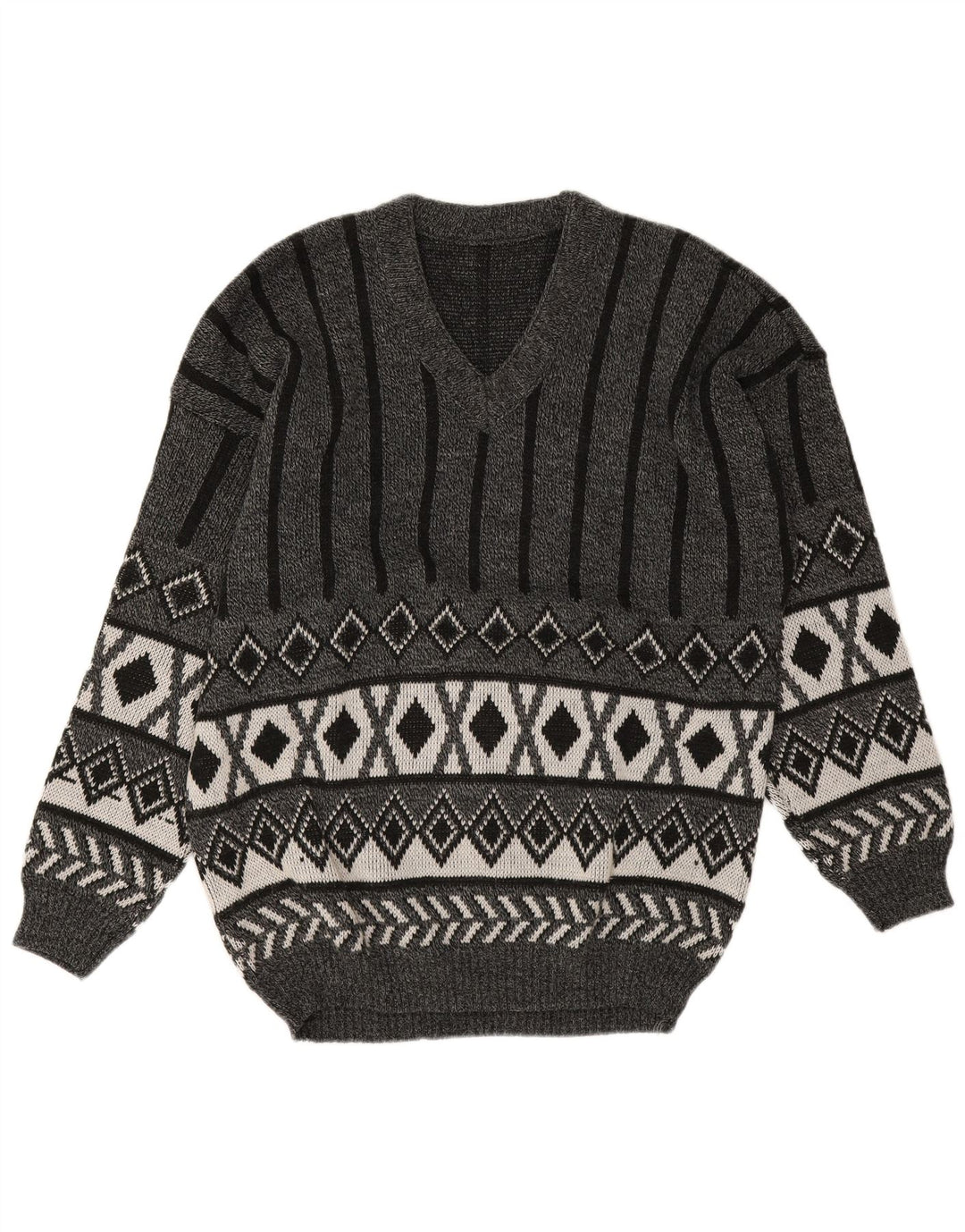 Vintage Mens V-Neck Jumper Sweater Medium Grey Argyle/Diamond