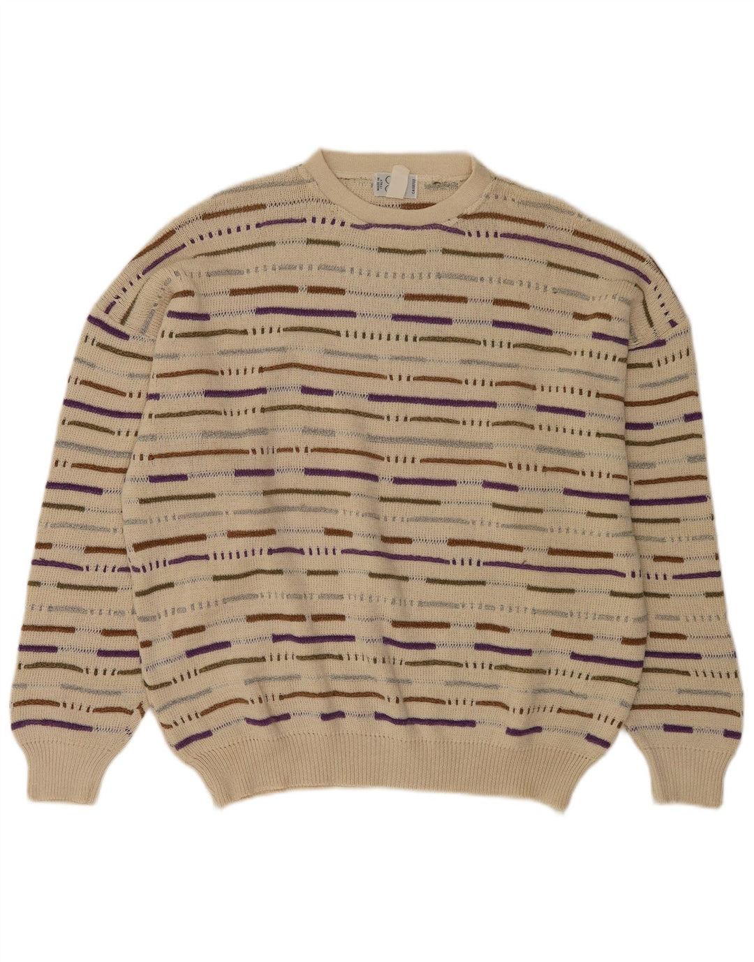 Vintage Mens Crew Neck Jumper Sweater XL Beige Striped