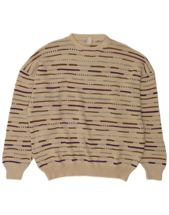 Vintage Mens Crew Neck Jumper Sweater XL Beige Striped