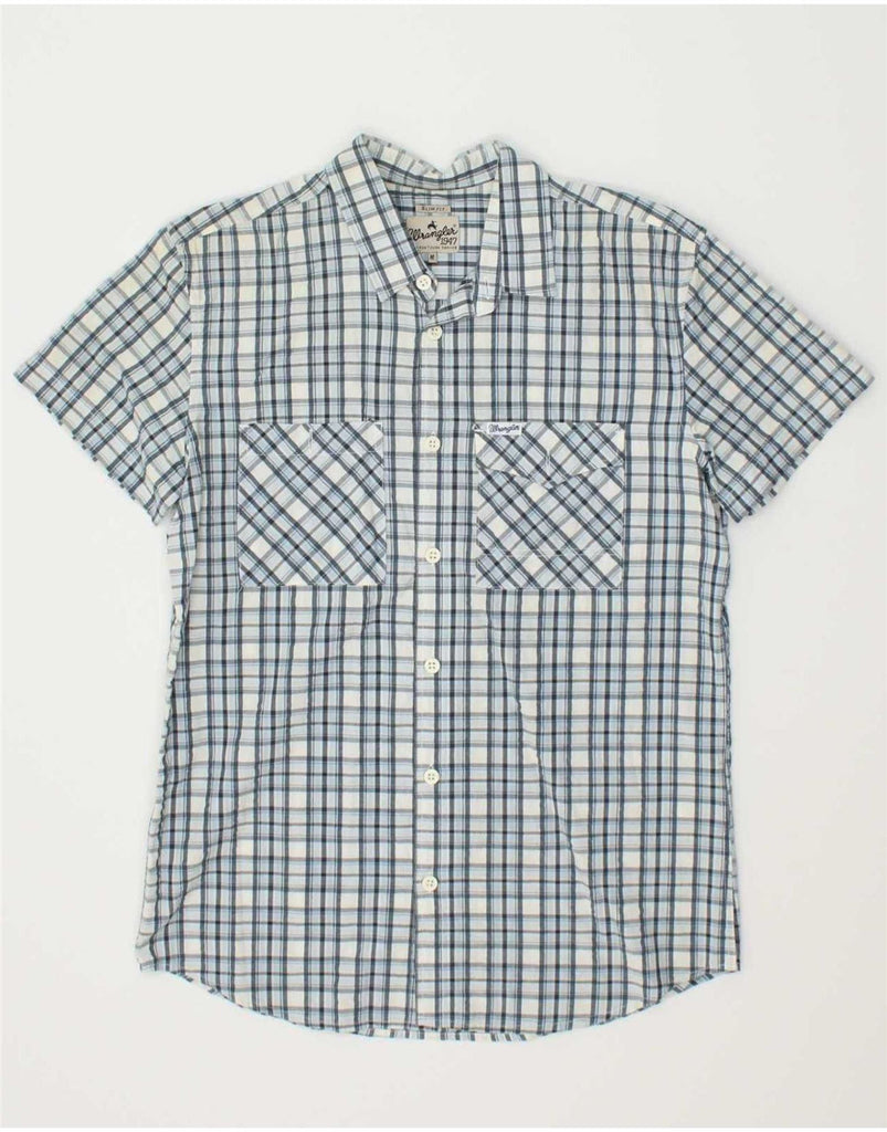 WRANGLER Mens Slim Fit Short Sleeve Shirt Medium Blue Check Cotton Vintage Wrangler and Second-Hand Wrangler from Messina Hembry 