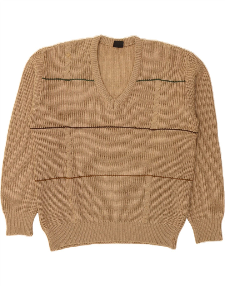 VINTAGE Mens V-Neck Jumper Sweater Small Beige Striped Wool Vintage Vintage and Second-Hand Vintage from Messina Hembry 
