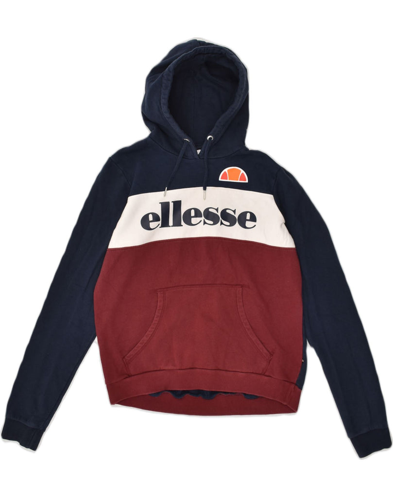 ELLESSE Womens Graphic Hoodie Jumper UK 16 Large Navy Blue Colourblock | Vintage Ellesse | Thrift | Second-Hand Ellesse | Used Clothing | Messina Hembry 