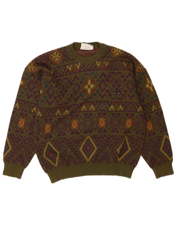 Navigare Mens Crew Neck Jumper Sweater Medium Khaki Geometric Wool