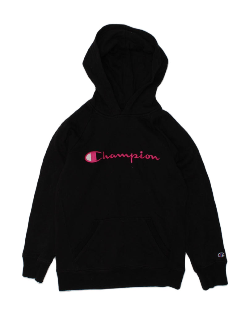 CHAMPION Girls Graphic Hoodie Jumper 9-10 Years M Black Cotton | Vintage Champion | Thrift | Second-Hand Champion | Used Clothing | Messina Hembry 