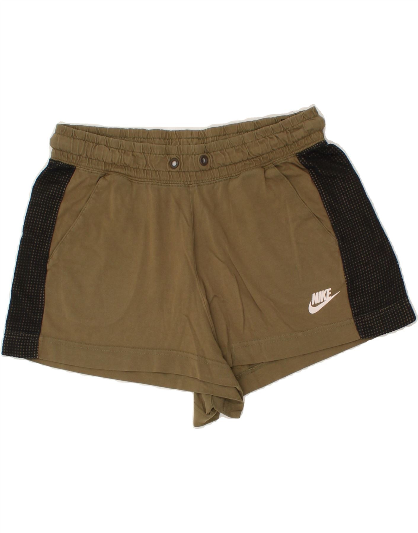 NIKE Womens Sport Shorts UK 14 Large Khaki Colourblock Cotton