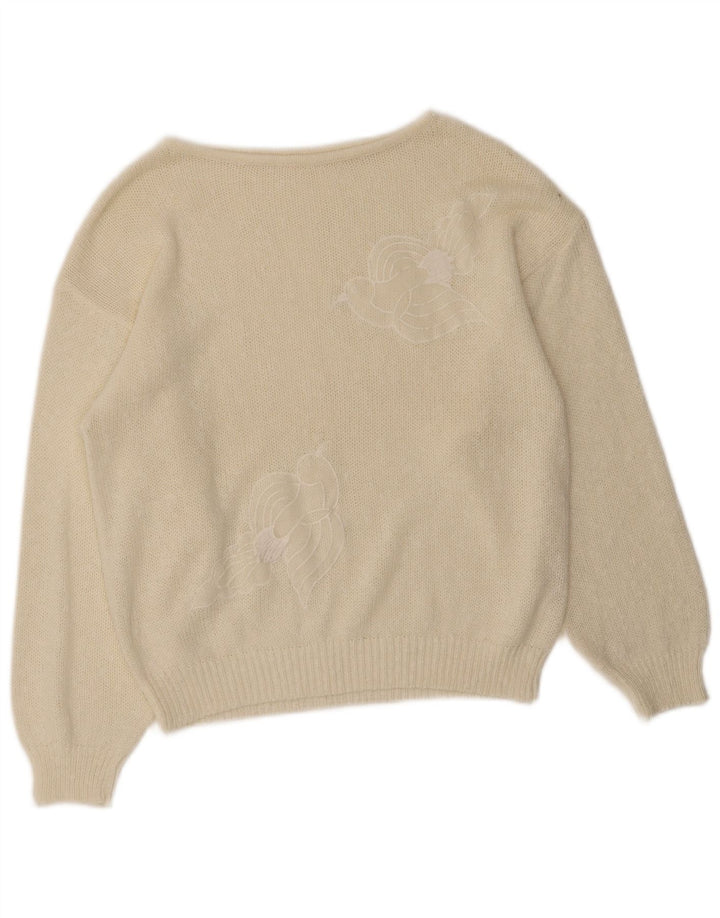 Vintage Womens Crop Graphic Boat Neck Jumper Sweater EU 40 Medium White