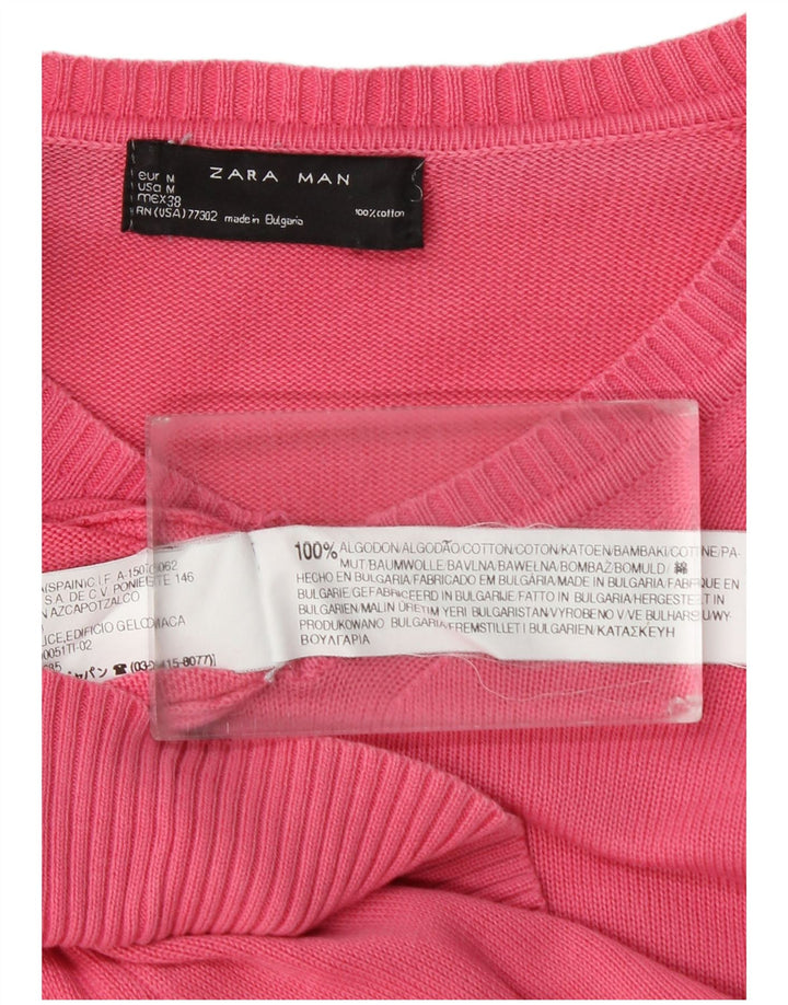 Zara Mens V-Neck Jumper Sweater Medium Pink Cotton