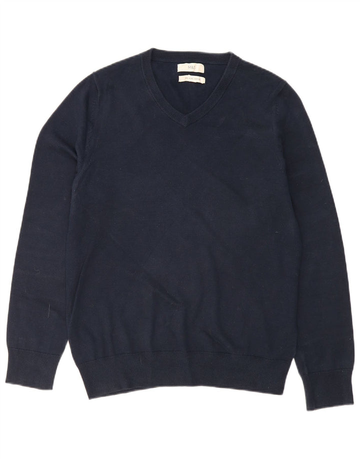 MARKS & SPENCER Mens V-Neck Jumper Sweater Medium Navy Blue Cotton