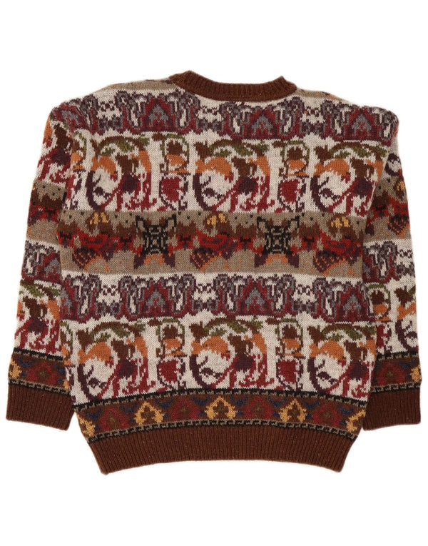 Fiume Mens Crew Neck Jumper Sweater IT 50 Medium Burgundy Fair Isle Acrylic