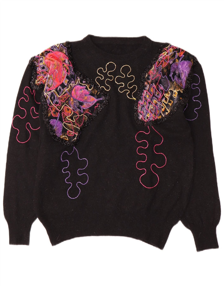 Vintage Womens Abstract Pattern Crew Neck Jumper Sweater UK 14 Medium Black