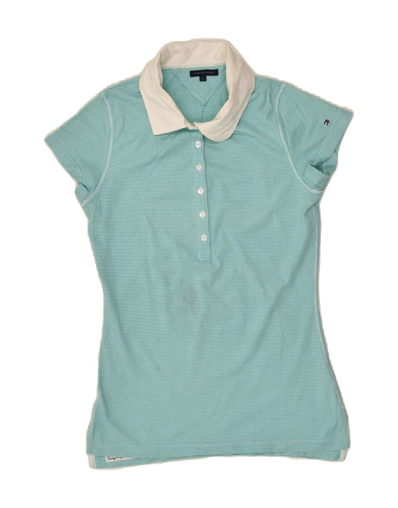 TOMMY HILFIGER Womens Polo Shirt UK 10 Small Turquoise Pinstripe Cotton | Vintage Tommy Hilfiger | Thrift | Second-Hand Tommy Hilfiger | Used Clothing | Messina Hembry 