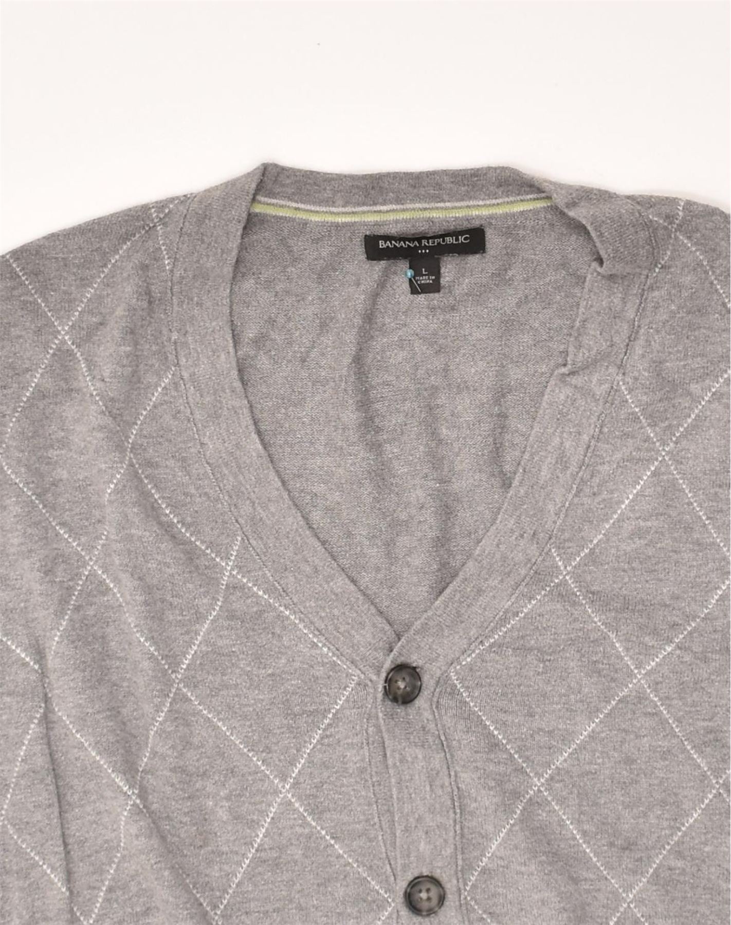 BANANA REPUBLIC Mens Cardigan Sweater Large Grey Argyle Diamond