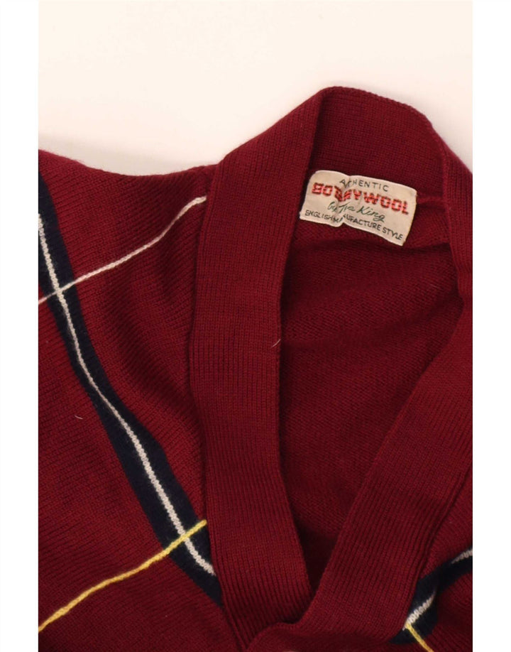 Vintage Mens Cardigan Sweater Small Burgundy Check