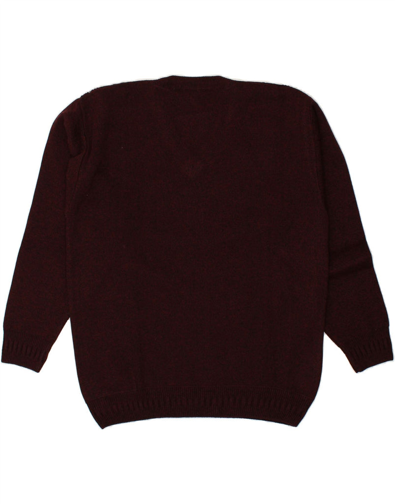 VINTAGE Mens V-Neck Jumper Sweater Large Burgundy Striped Acrylic | Vintage Vintage | Thrift | Second-Hand Vintage | Used Clothing | Messina Hembry 