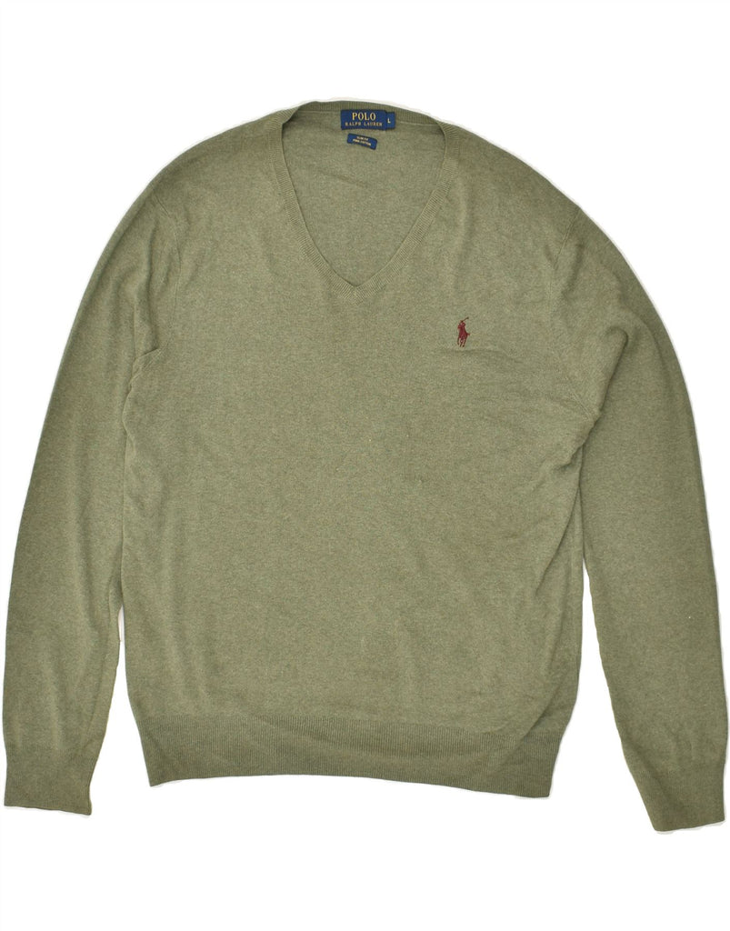 POLO RALPH LAUREN Mens Slim Fit V-Neck Jumper Sweater Large Green Cotton | Vintage Polo Ralph Lauren | Thrift | Second-Hand Polo Ralph Lauren | Used Clothing | Messina Hembry 