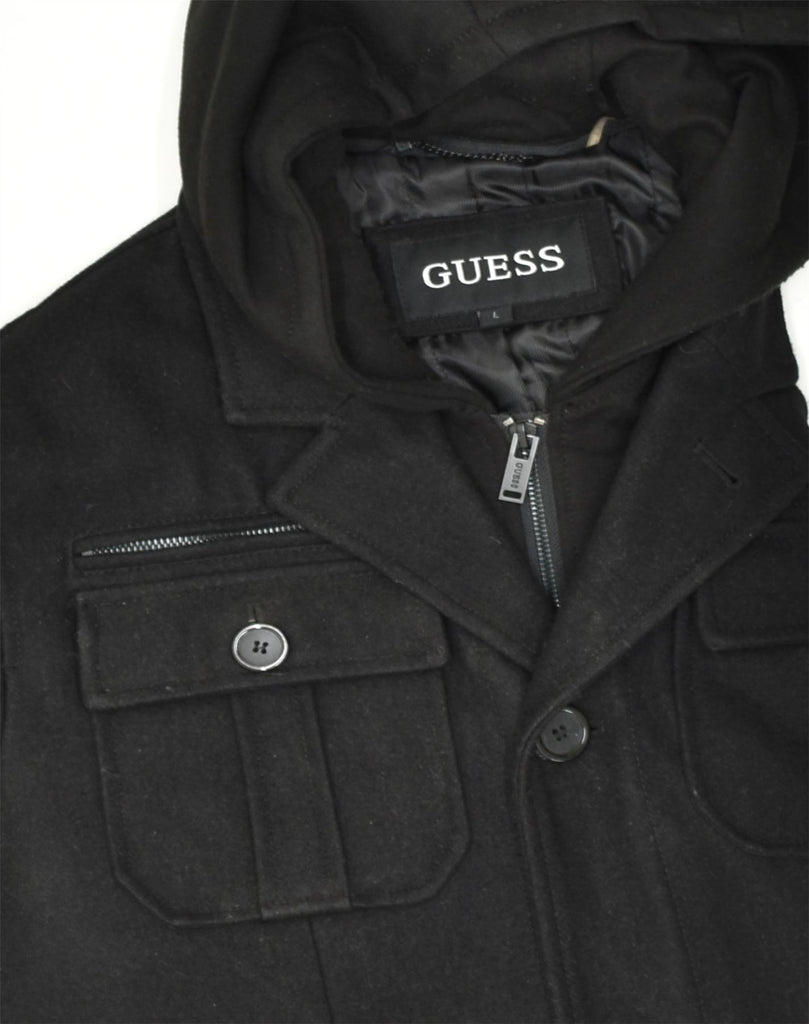 GUESS Mens Hooded Utility Jacket UK 40 Large Black Wool | Vintage Guess | Thrift | Second-Hand Guess | Used Clothing | Messina Hembry 