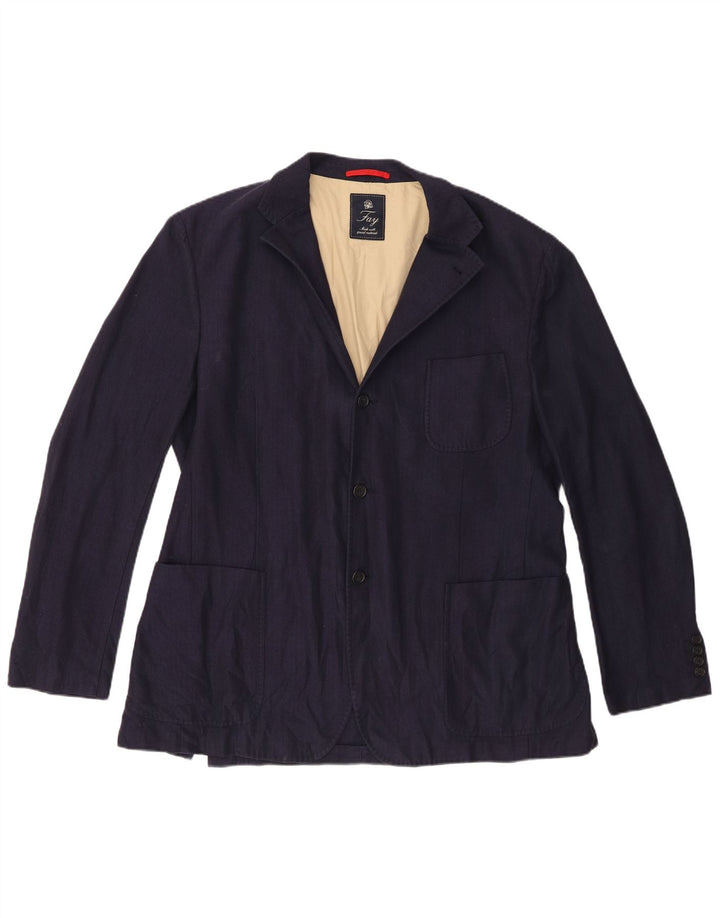 Fay Mens 3 Button Blazer Jacket IT 56 3XL Navy Blue Herringbone