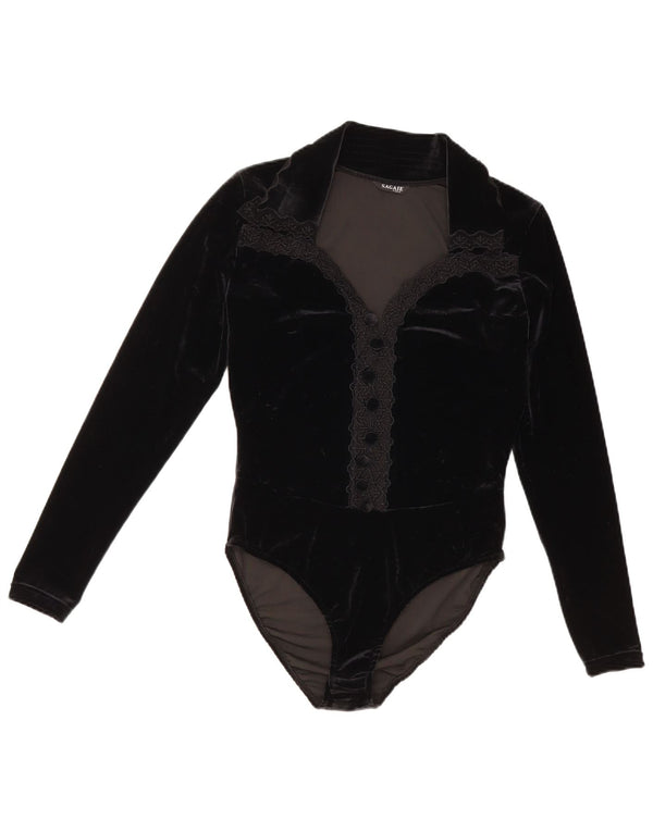 SAGAIE Womens Long Sleeve Velvet Bodysuit UK 12 Medium Black Polyester