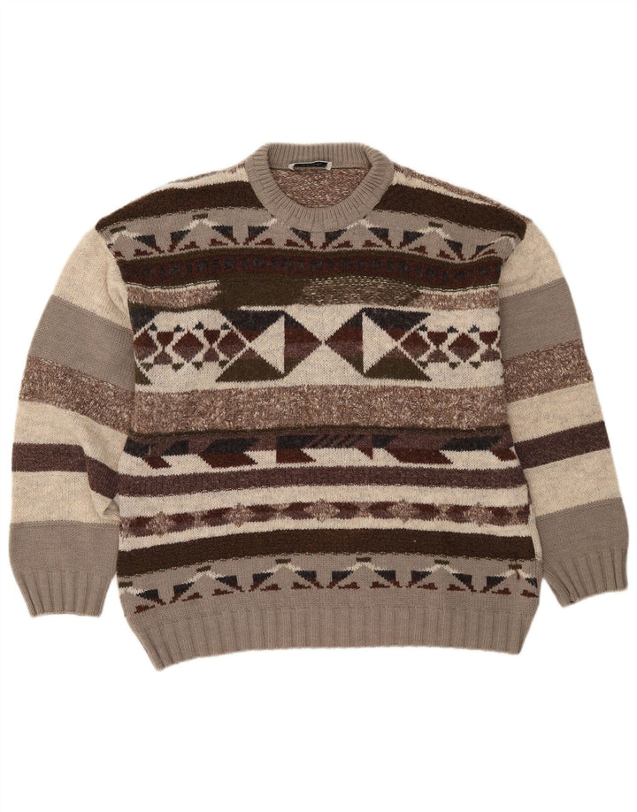 Vintage Mens Crew Neck Jumper Sweater IT 50 Medium Brown Geometric