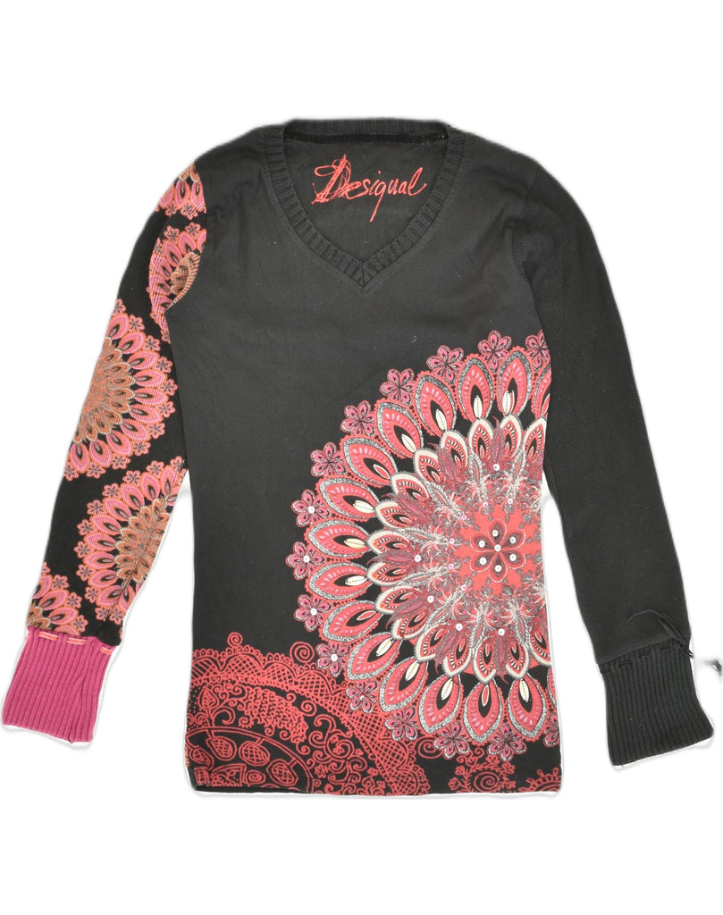 DESIGUAL Womens Graphic V-Neck Jumper Sweater UK 8 Small Black Ikat Cotton | Vintage Desigual | Thrift | Second-Hand Desigual | Used Clothing | Messina Hembry 