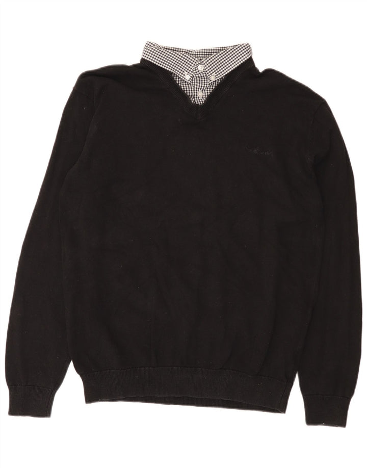 Pierre Cardin Mens V-Neck Jumper Sweater Large Black Cotton