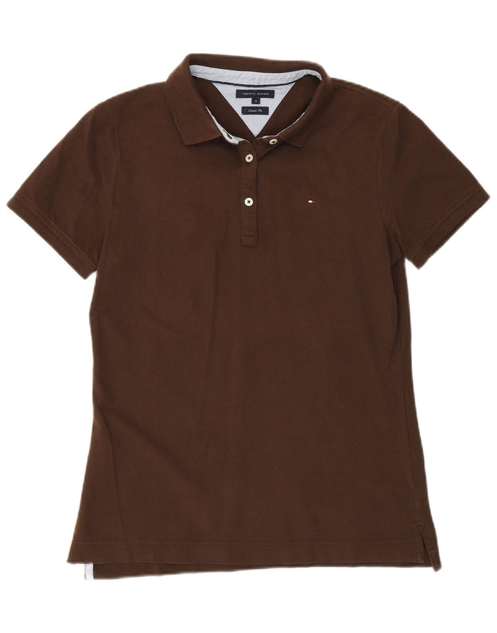 TOMMY HILFIGER Womens Classic Fit Polo Shirt UK 12 Medium Brown Cotton