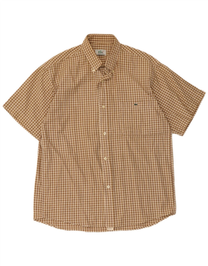Lacoste Mens Short Sleeve Shirt Size 41 Large Beige Check Cotton