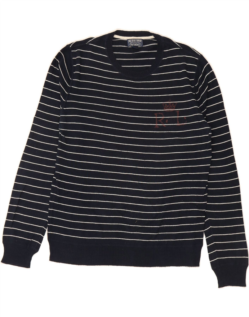 RALPH LAUREN Mens Crew Neck Jumper Sweater Large Navy Blue Pinstripe Vintage Ralph Lauren and Second-Hand Ralph Lauren from Messina Hembry 
