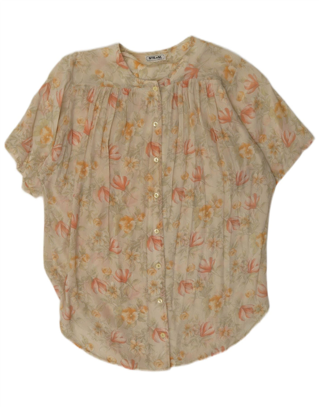 Vintage Womens Short Sleeve Shirt Blouse IT 42 Medium Beige Floral