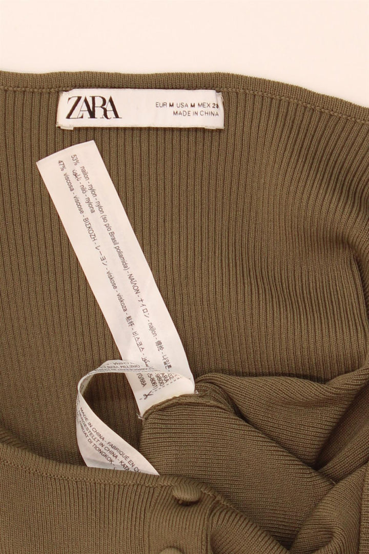 Zara Womens Long Sleeve Crop Off Shoulder Top UK 12 Medium Khaki Nylon