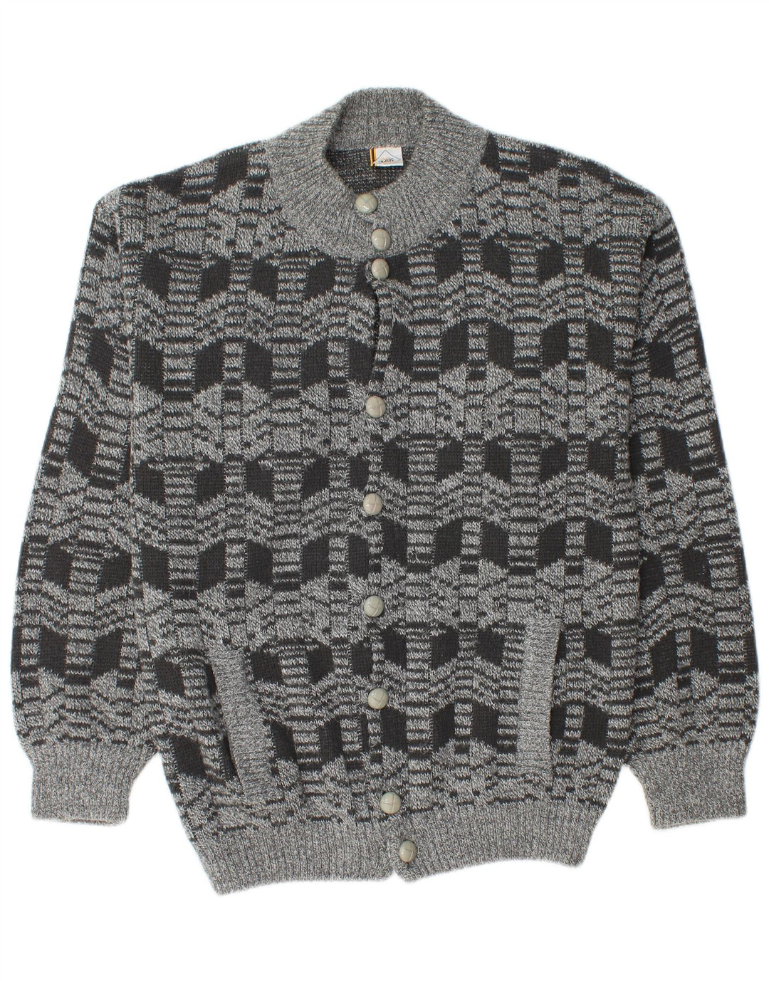 Vintage Mens Cardigan Sweater Medium Grey Geometric Acrylic