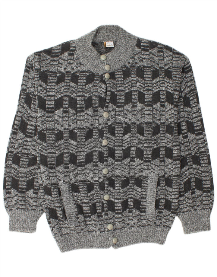 Vintage Mens Cardigan Sweater Medium Grey Geometric Acrylic