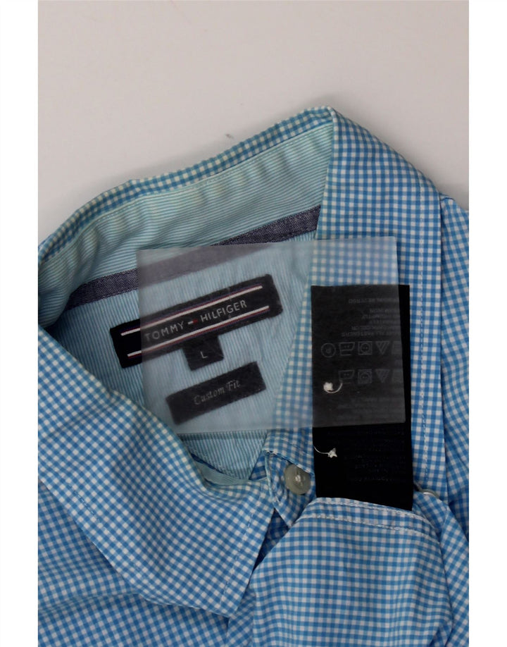 Tommy Hilfiger Mens Short Sleeve Custom Fit Shirt Large Blue Gingham Cotton