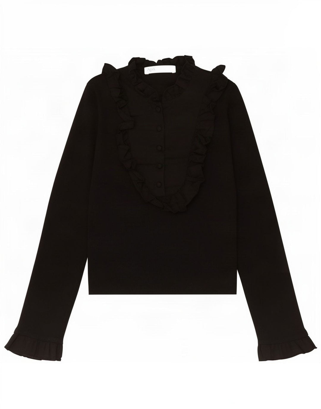 Zara Womens Ruffle Front Pullover Shirt UK 8 Small Black Nylon