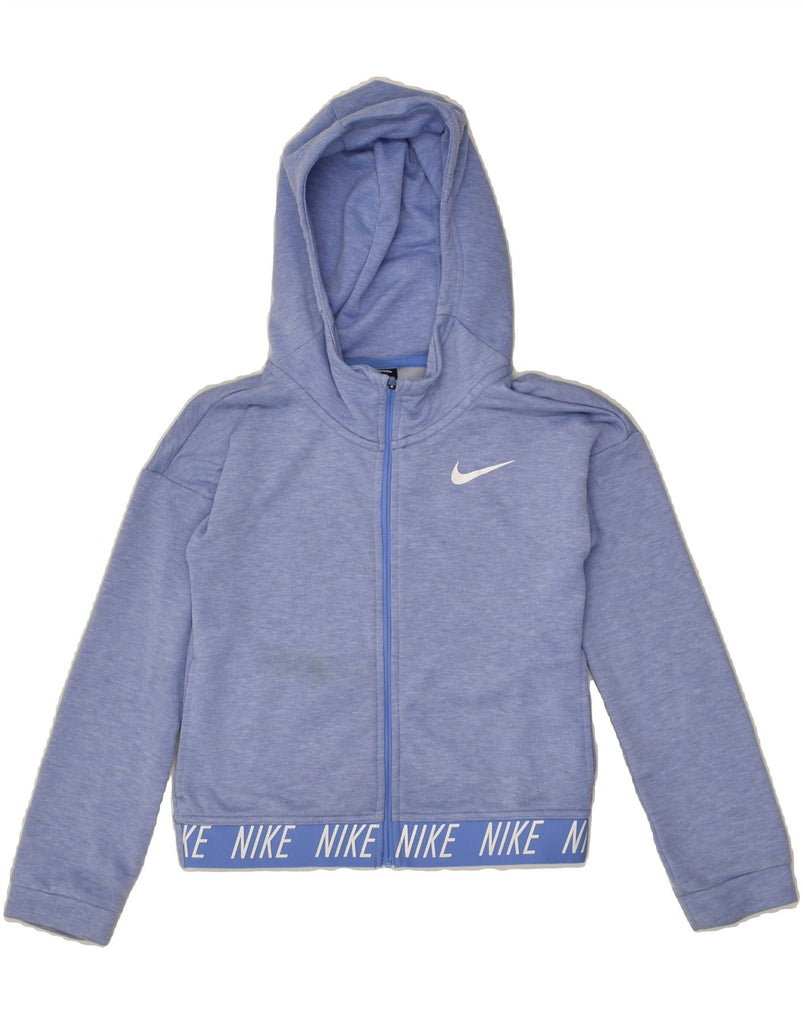 NIKE Girls Dri Fit Graphic Zip Hoodie Sweater 10-11 Years Medium Blue | Vintage Nike | Thrift | Second-Hand Nike | Used Clothing | Messina Hembry 