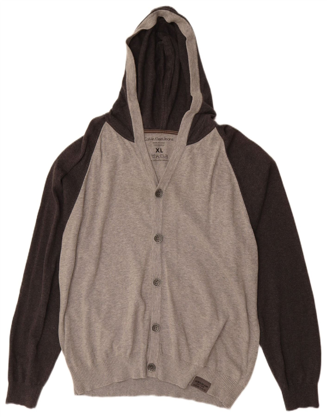 CALVIN KLEIN JEANS Mens Hooded Cardigan Sweater XL Grey Colourblock Cotton