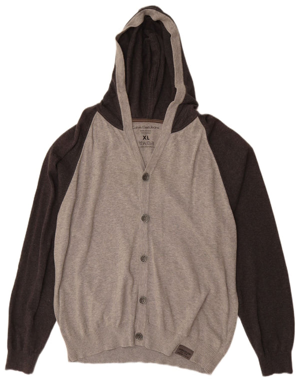 CALVIN KLEIN JEANS Mens Hooded Cardigan Sweater XL Grey Colourblock Cotton