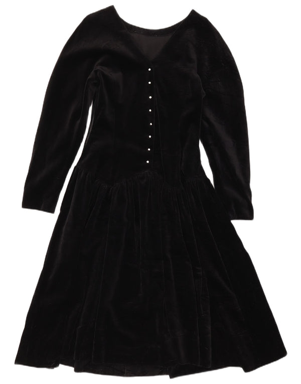 Vintage Womens Velvet Long Sleeve A-Line Dress UK 8 Small Black
