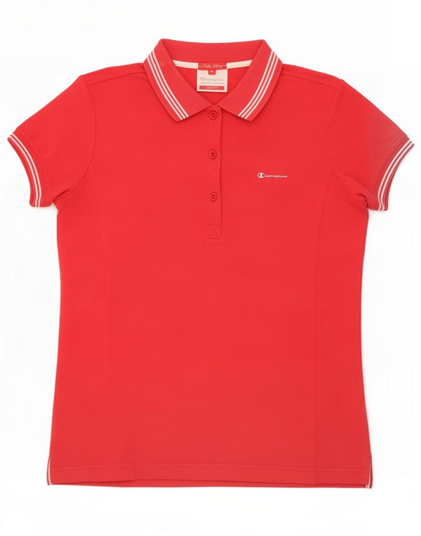 Champion Womens Easy Fit Polo Shirt UK 12 Medium Red Striped Cotton