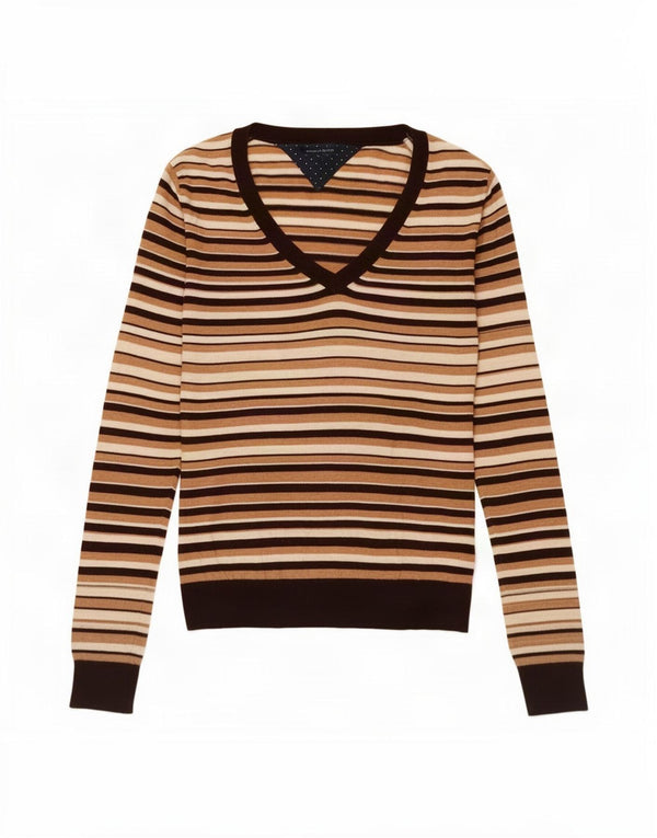 Tommy Hilfiger Womens V-Neck Jumper Sweater UK 14 Medium Beige Striped