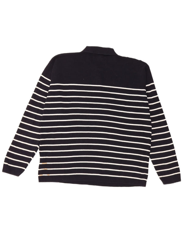 Vintage Mens Polo Neck Jumper Sweater XL Navy Blue Striped Cotton