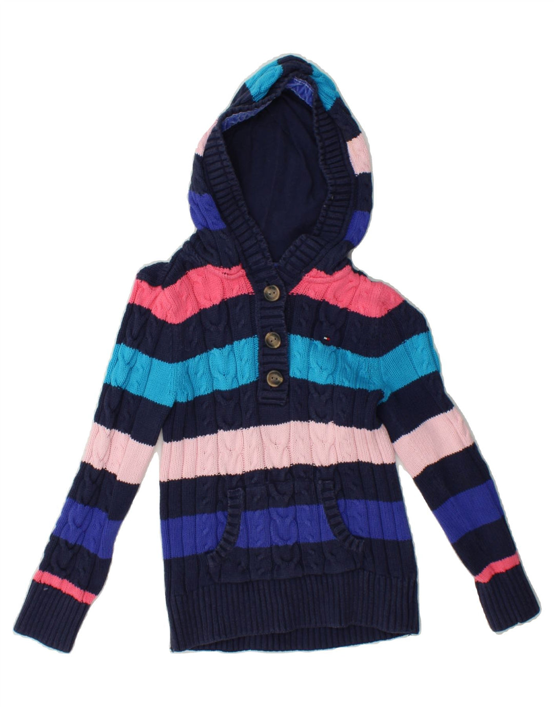 TOMMY HILFIGER Girls Hooded Jumper 8-9 Years Medium Multicoloured Striped Vintage Tommy Hilfiger and Second-Hand Tommy Hilfiger from Messina Hembry 