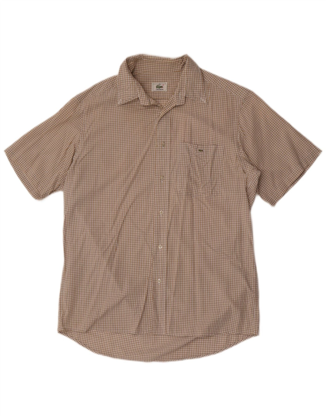 Lacoste Mens Short Sleeve Shirt Size 40 Medium Beige Check Cotton