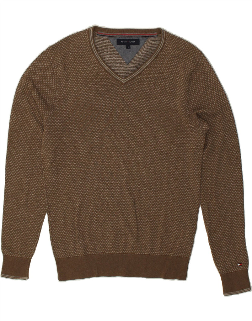 TOMMY HILFIGER Mens V-Neck Jumper Sweater Small Brown Spotted Cotton | Vintage Tommy Hilfiger | Thrift | Second-Hand Tommy Hilfiger | Used Clothing | Messina Hembry 