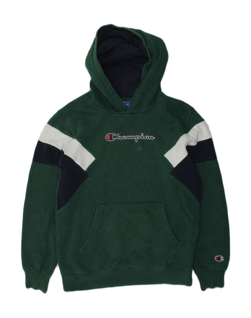 CHAMPION Boys Graphic Hoodie Jumper 11-12 Years Large  Green Colourblock | Vintage Champion | Thrift | Second-Hand Champion | Used Clothing | Messina Hembry 