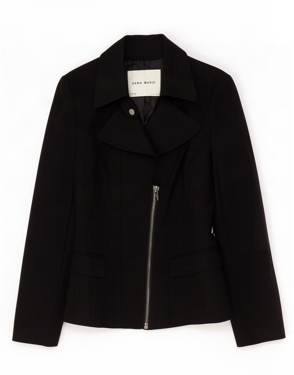 Zara Womens Full Zip Blazer Jacket UK 10 Small Black Cotton