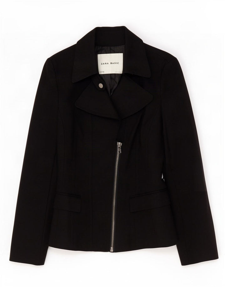 Zara Womens Full Zip Blazer Jacket UK 10 Small Black Cotton