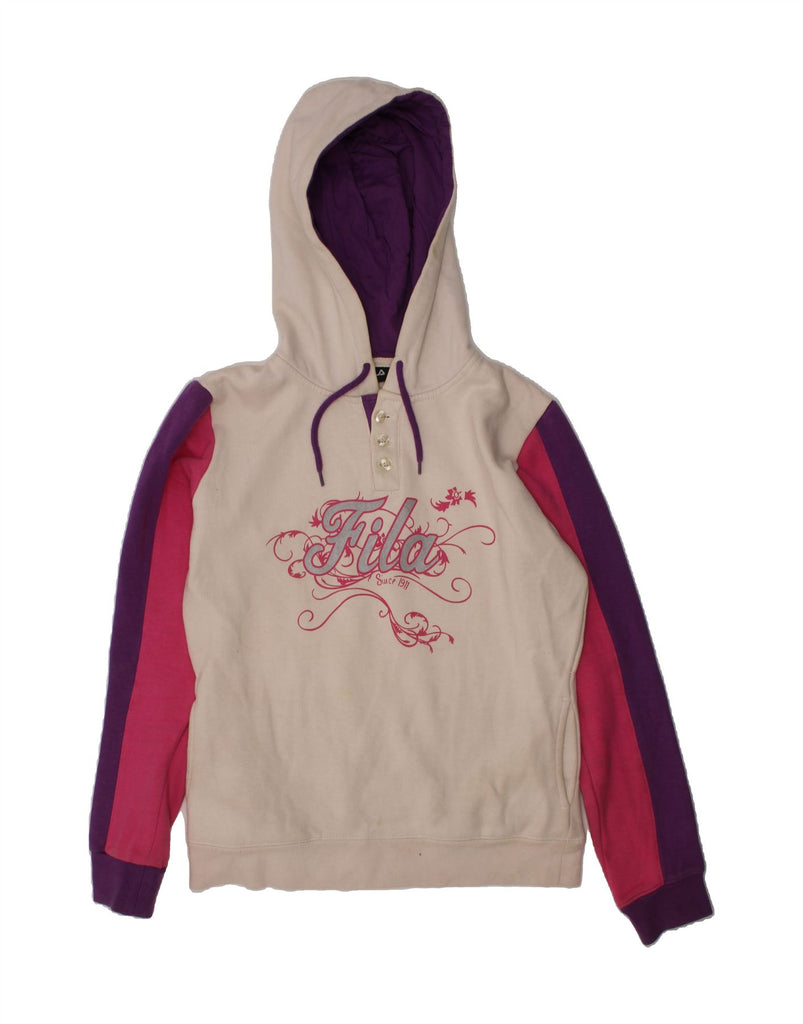 FILA Girls Graphic Hoodie Jumper 13-14 Years Off White Colourblock Cotton Vintage Fila and Second-Hand Fila from Messina Hembry 