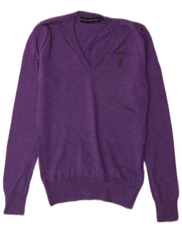 Ralph Lauren Womens V-Neck Jumper Sweater UK 10 Small Purple Merino Wool